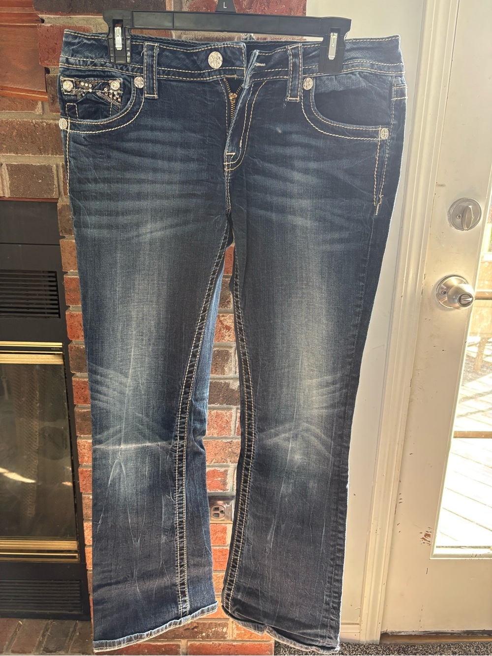 Miss Me Dark Blue Boot Cut Jeans with Contrast Stitching